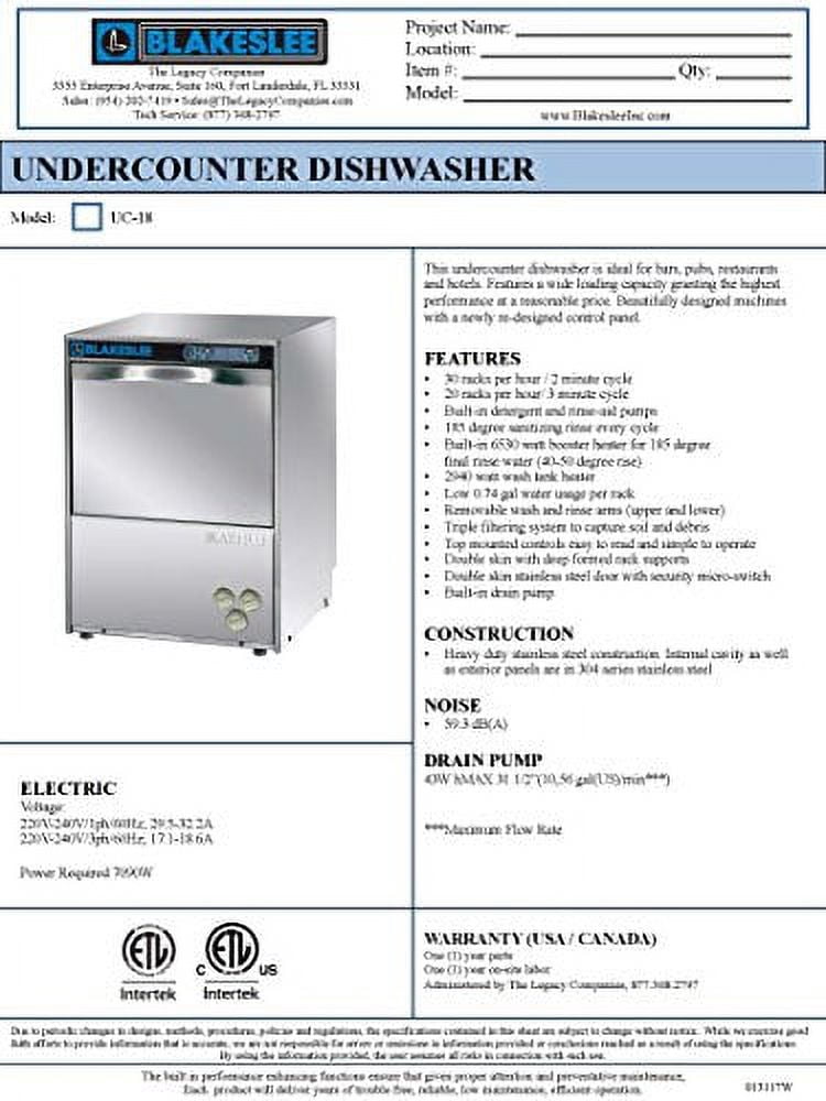 Blakeslee UC-18 Undercounter High-Temp Dishwasher