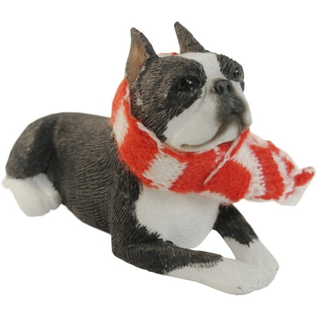 Boston Terrier Dog Ornament - Sandicast Lying Boston Terrier with Scarf Christmas Dog Ornament