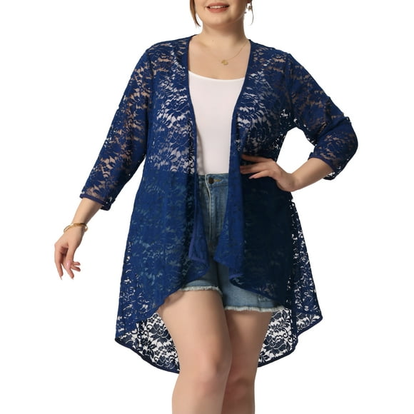 Cárdigan de encaje floral de nylon casual para mujer de tallas grandes Agnes Orinda, de manga 3/4, tamaño 4X, color azul marino
