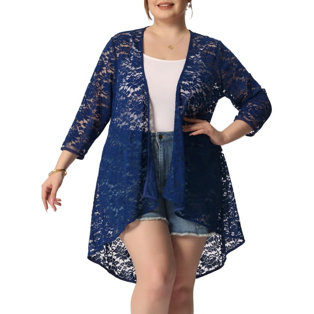 Cárdigan de encaje floral de nylon casual para mujer de tallas grandes Agnes Orinda, de manga 3/4, tamaño 4X, color azul marino