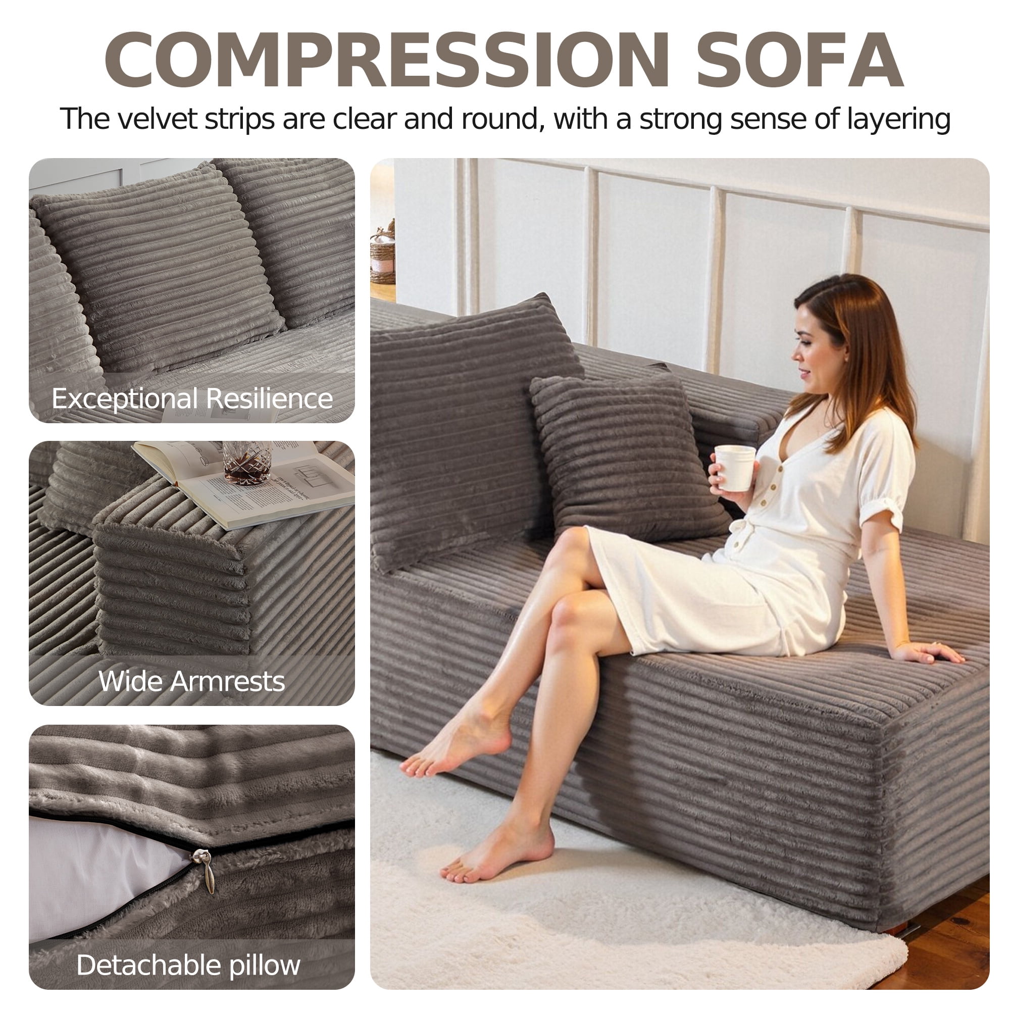 Cubente 108" Modular Sectional Sofa, Cloud Couch with 3 Deep Seat, Indoor Modern L-Shape Sofa Couch, Boneless Couch Compressed Sofa for Living Room Bedroom
