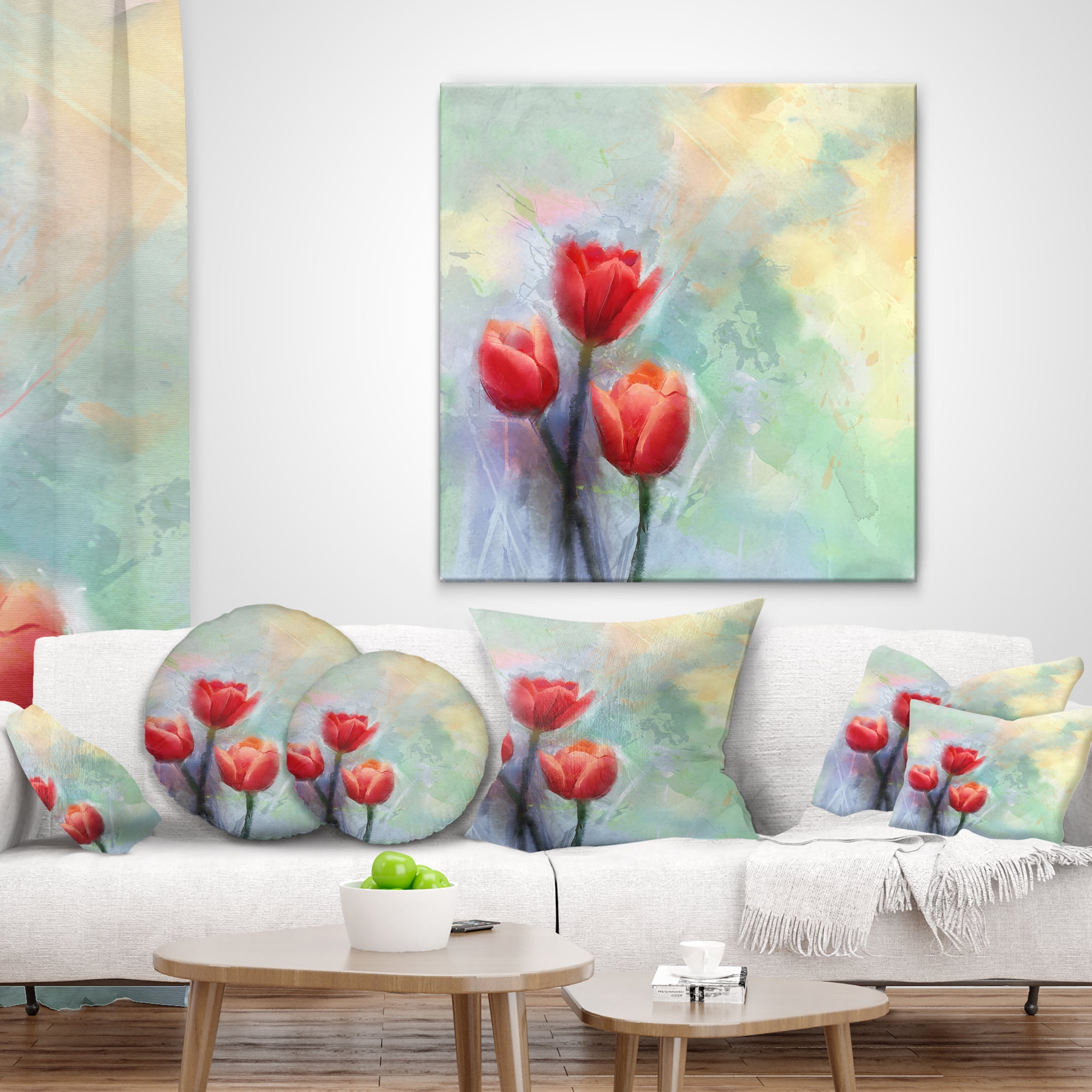 Designart Red Tulips on Light Blue Watercolor - Floral Throw Pillow - 12x20