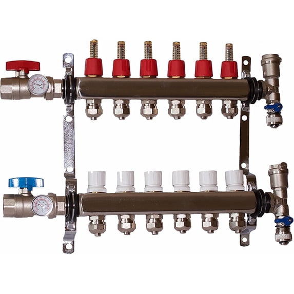 DMNI 6 Loop PEX Plumbing Manifold - 1" Radiant Floor Manifold - 2 Wire Actuators - 1/2" PEX Adapters