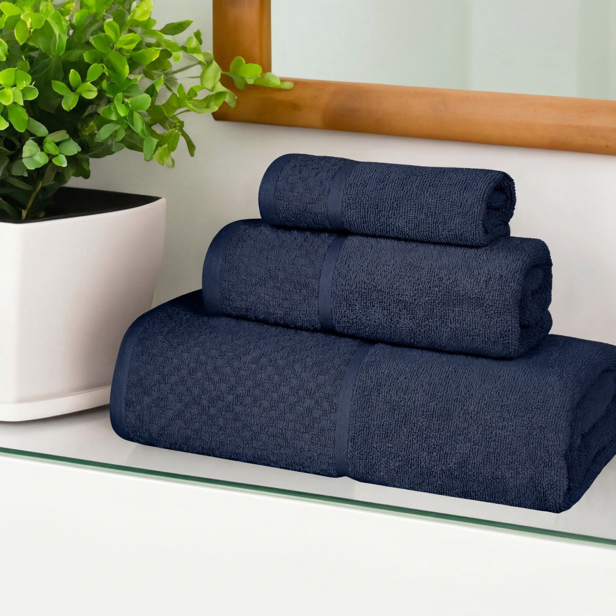 Superior Modern Cotton 3 Piece Bathroom Towel Set Medium Weight Solid, Navy Blue