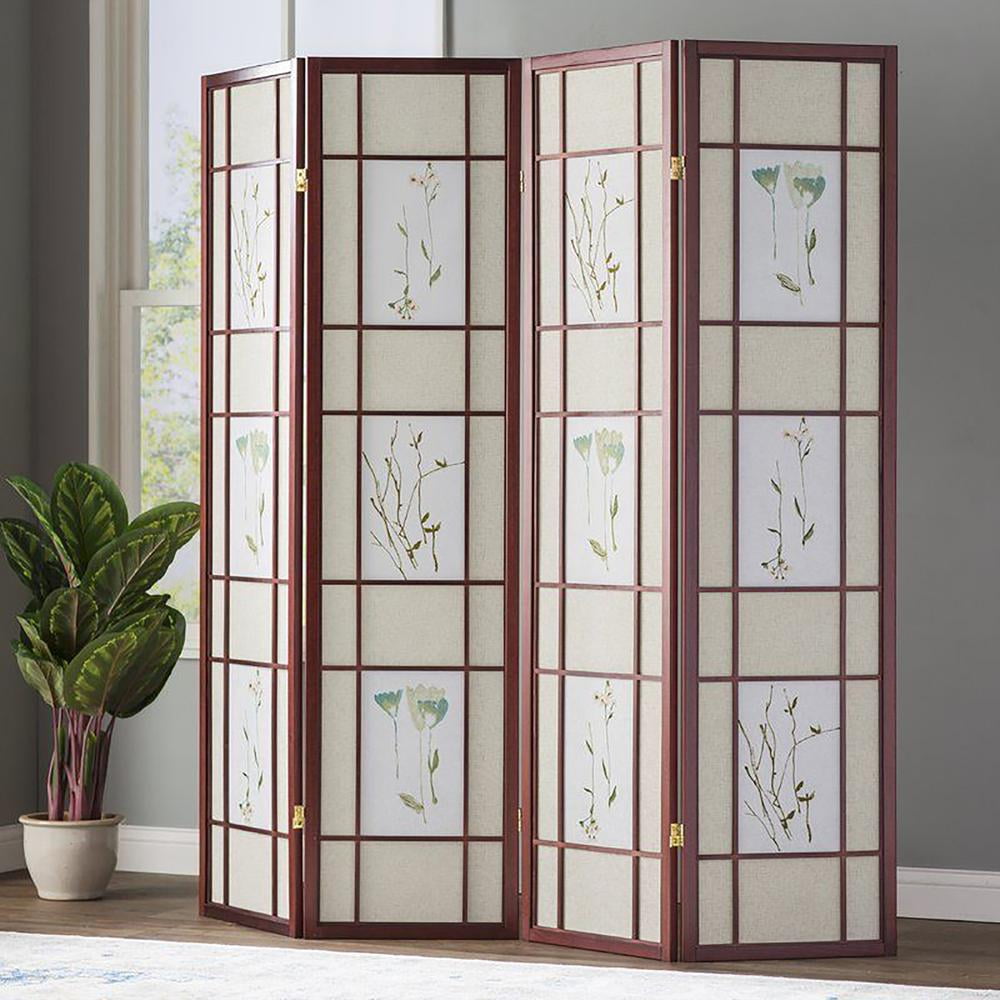 3 Panel Floral Shoji Screen, Rosewood Frame Room Divider