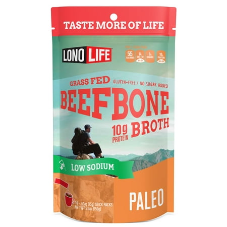 LonoLife Low-Sodium Grass-Fed Beef Bone Broth Powder with 10g Protein, Stick Packs, 10