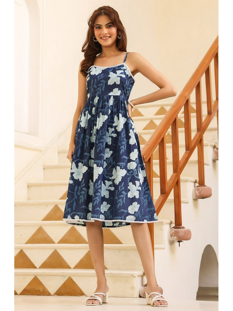 RANGMAHAL Indigo Pure Cotton Floral Printed Fit & Flare Dress, Women's, Size: Large, Blue
