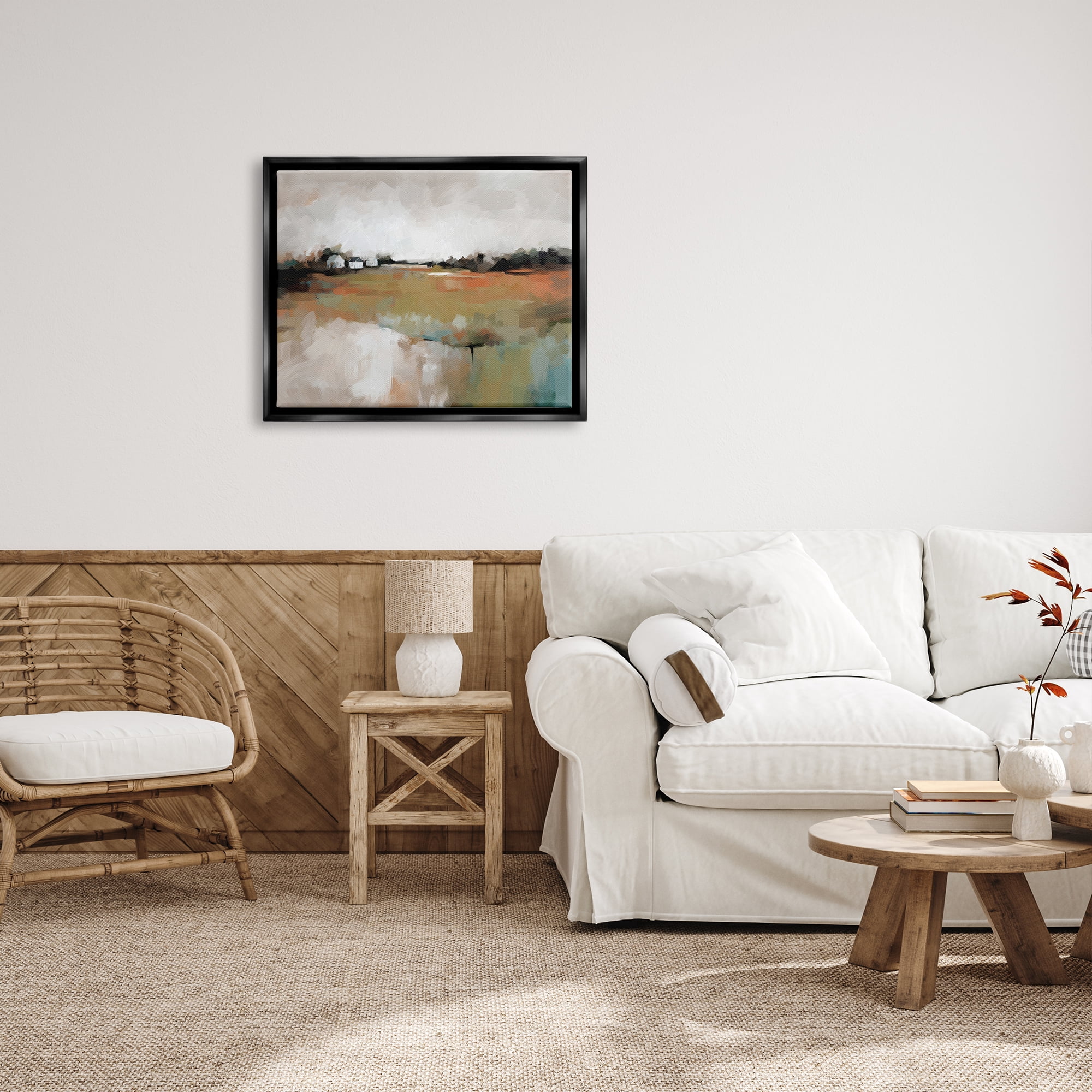 Stupell Industries Abstract Country Barns Landscape Landscape Painting Black Floater Framed Canvas Art Print Wall Art, 31 x 25