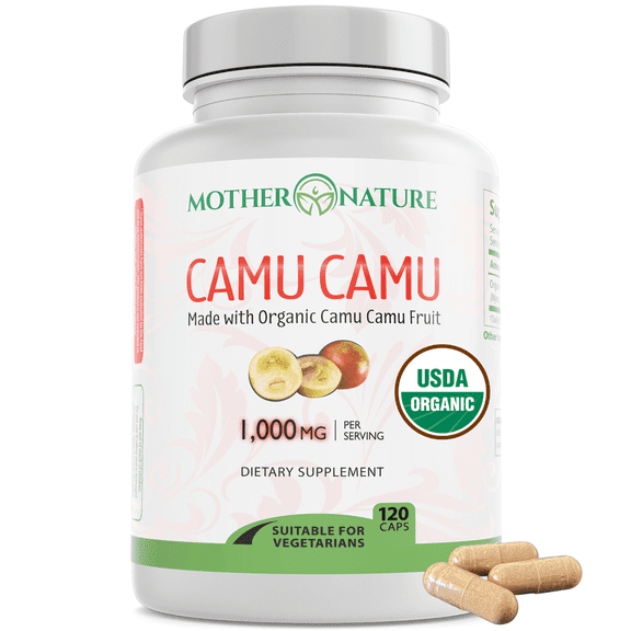 Mother Nature Organics Vitamin C Camu Camu Capsules, 1000mg, Organic Immunity Booster, Antioxidant, Vegan, 120 Count