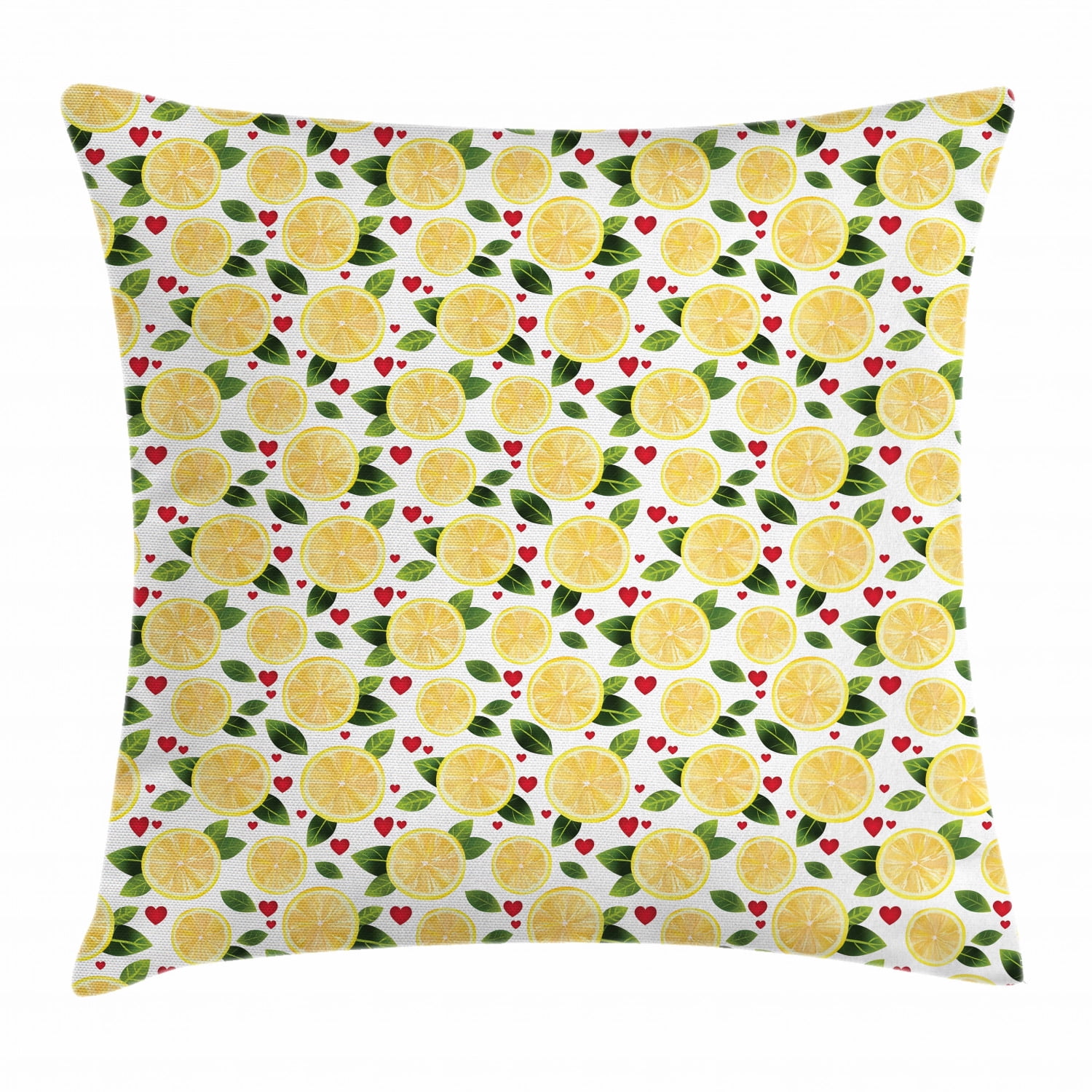 Lemon Throw Pillow Cushion Cover, Lemon Slices with Leaves and Hearts