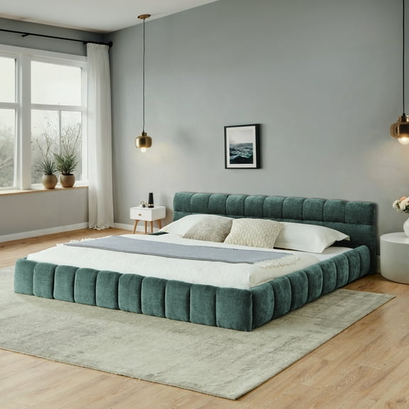 Newest California King size Upholstered Bed Frame with Thick Fabric, Chenille Fabric Grounded Queen Size Platform Bed with Headboard,Solid Frame. No Box Spring Needed-Blue Green-