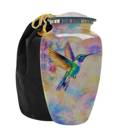 Cremation Urn For Human Ashes, Colorful Hummingbird Design, Adult Size Urn with Velvet Bag, 200 Cubic Inch Capacity