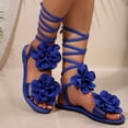 thumbnail image 4 of Gladiator Sandals for Women Solid Color Flower Strappy Lace up Open Toe Flat Shoes Summer Beach Vacation Casual Footwear Blue Size 10.5, 4 of 7