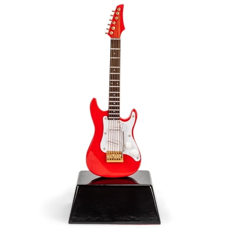 Broadway Gift Co Red and White Electric Guitar 6 inch Wood Table Top Miniature on Stand