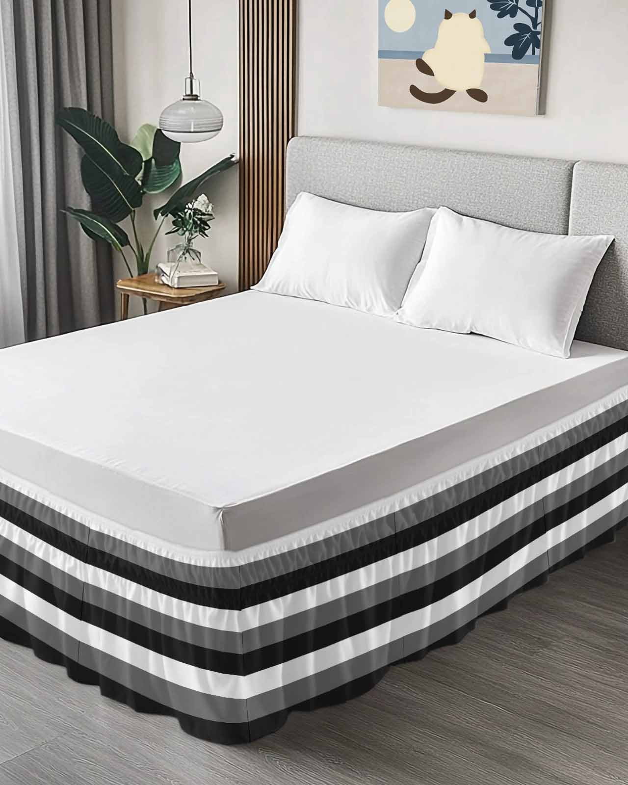 Grey Black White Striped Wrap Around Bed Skirts for Queen Bed 16" Drop, Bed Skirt with Adjustable Elastic Belt Dust Ruffle Bed Valance for Bedroom Hotel Luxury Farmhouse Stripes Bed Frame Cover