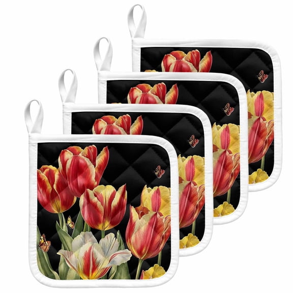 Luxury Tulip Floral Pot Holders for Kitchen Heatproof Potholder, 4 Pack Farmhouse Vintage Botanical Flowers Hot Pads Multipurpose Oven Pads Cloth Potholders Trivet for Cooking and Baking