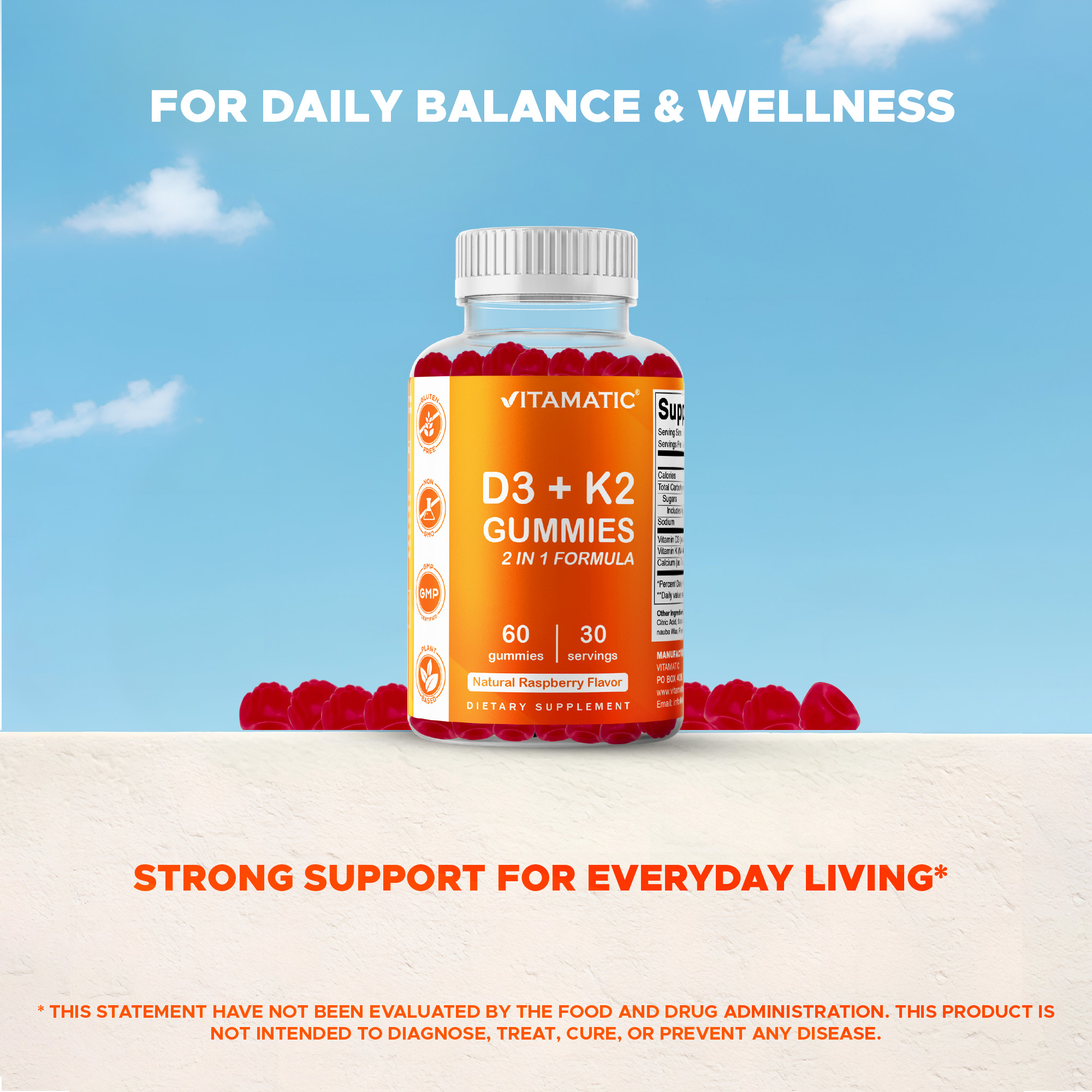 (2 pack) Vitamatic Vitamin D3 K2 Gummies - 60 Count - Supports Healthy Bone, Heart & Calcium Absorption, & Immune Health - Plant Based, Non-GMO, Gluten Free