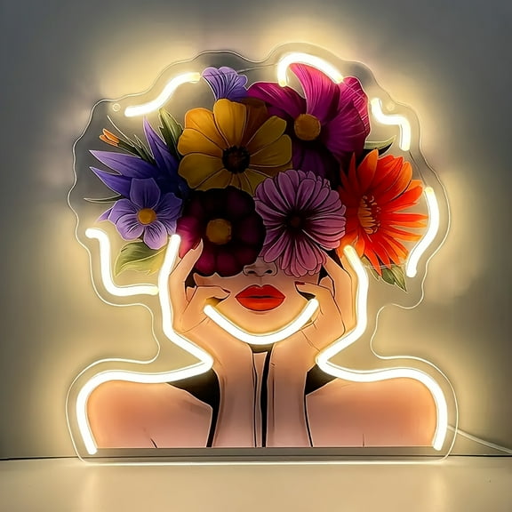 Vibrant Flowers Neon Sign - USB Powered, Glow in Dark, UV Printed Floral Design - Bedroom Wall Decor, Unique Valentine’s or Birthday Gift