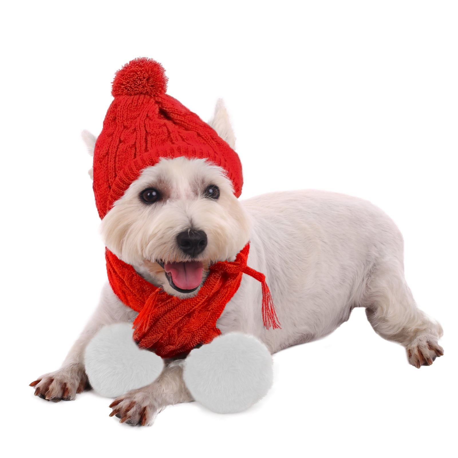 IDOMIK Dog Hat and Scarf Set Warm Knitting Hat with Ear Holes & Pom Pom Pup Scarf for Cold Weather Winter Head Neck Warmer Christmas Cozy Pet Costume Accessorry for Small Medium Large Dog/Pappy/Cat 