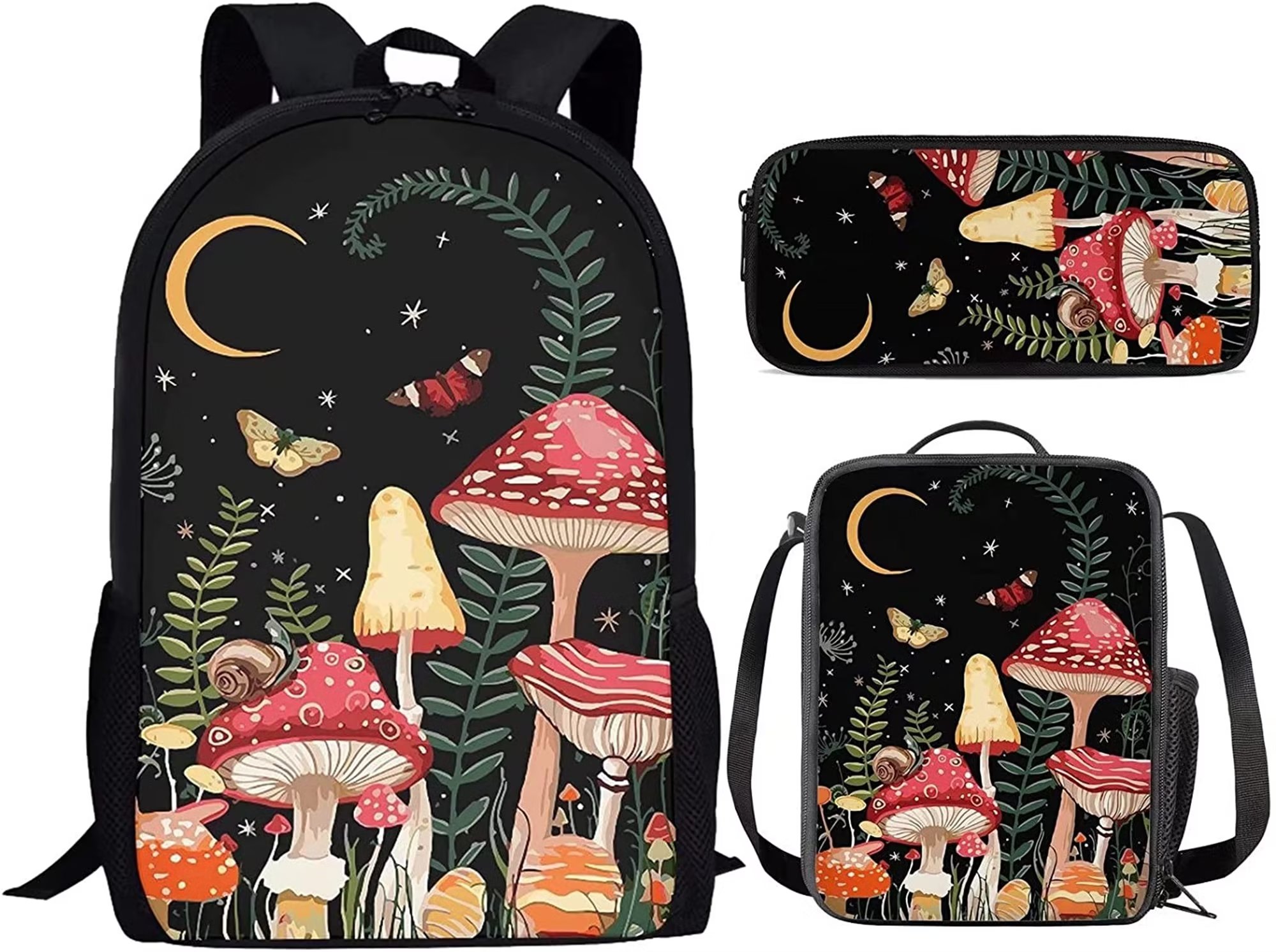 Renewold Mushroom Backpack Set with Lunch Box and Pencil Case Butterfly