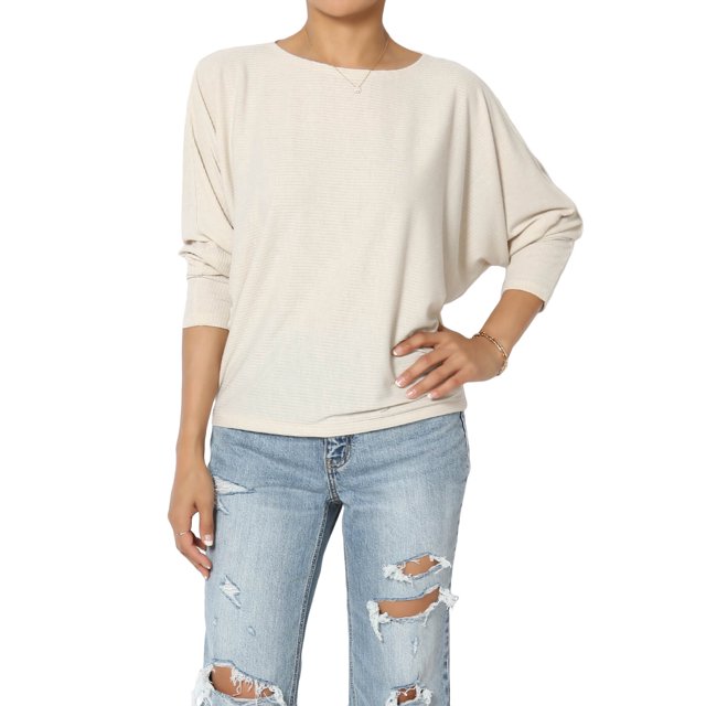 TheMoogan Women's Closet-Essential Drapey 3/4 Dolman Sleeve Boat Neck Relaxed Ribbed Top