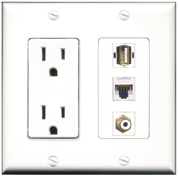 RiteAV - 15 Amp Power Outlet 1 Port RCA White 1 Port USB A-A 1 Port Cat5e Ethernet White Decorative Wall Plate