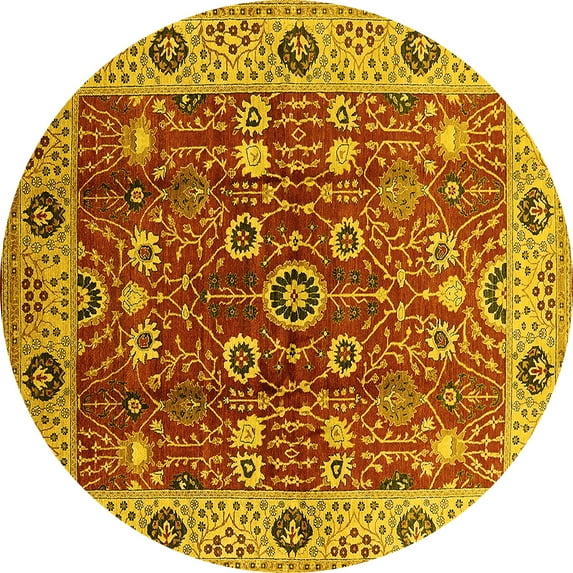 Ahgly Company Machine Washable Indoor Round Oriental Yellow Industrial Area Rugs, 5' Round