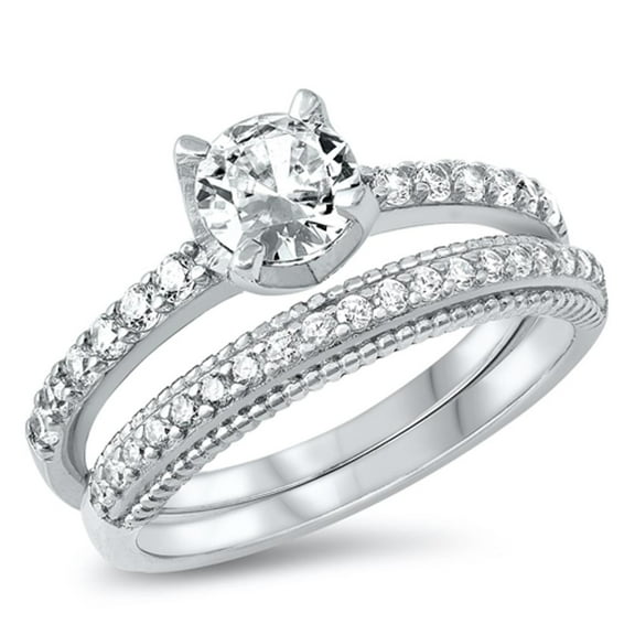 Wedding Set White Cubic Zirconia Ring .925 Sterling Silver Band Jewelry Female Male Unisex Size 8