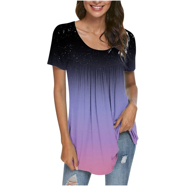Pompotops Femmes Mode Imprimé Casual Col Rond Manches Courtes T-Shirt Blouse Tops