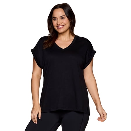 RBX Active Women's Plus Size French Terry V-Neck Short Sleeve Tunic Top