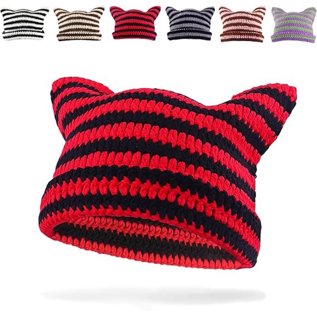 Gorro con Orejas de Gato para Mujer, Gorro elástico cálido de Invierno a Rayas Vintage, Gorro de Gato de Ganchillo de Punto a Juego para niños, niñas y Adultos