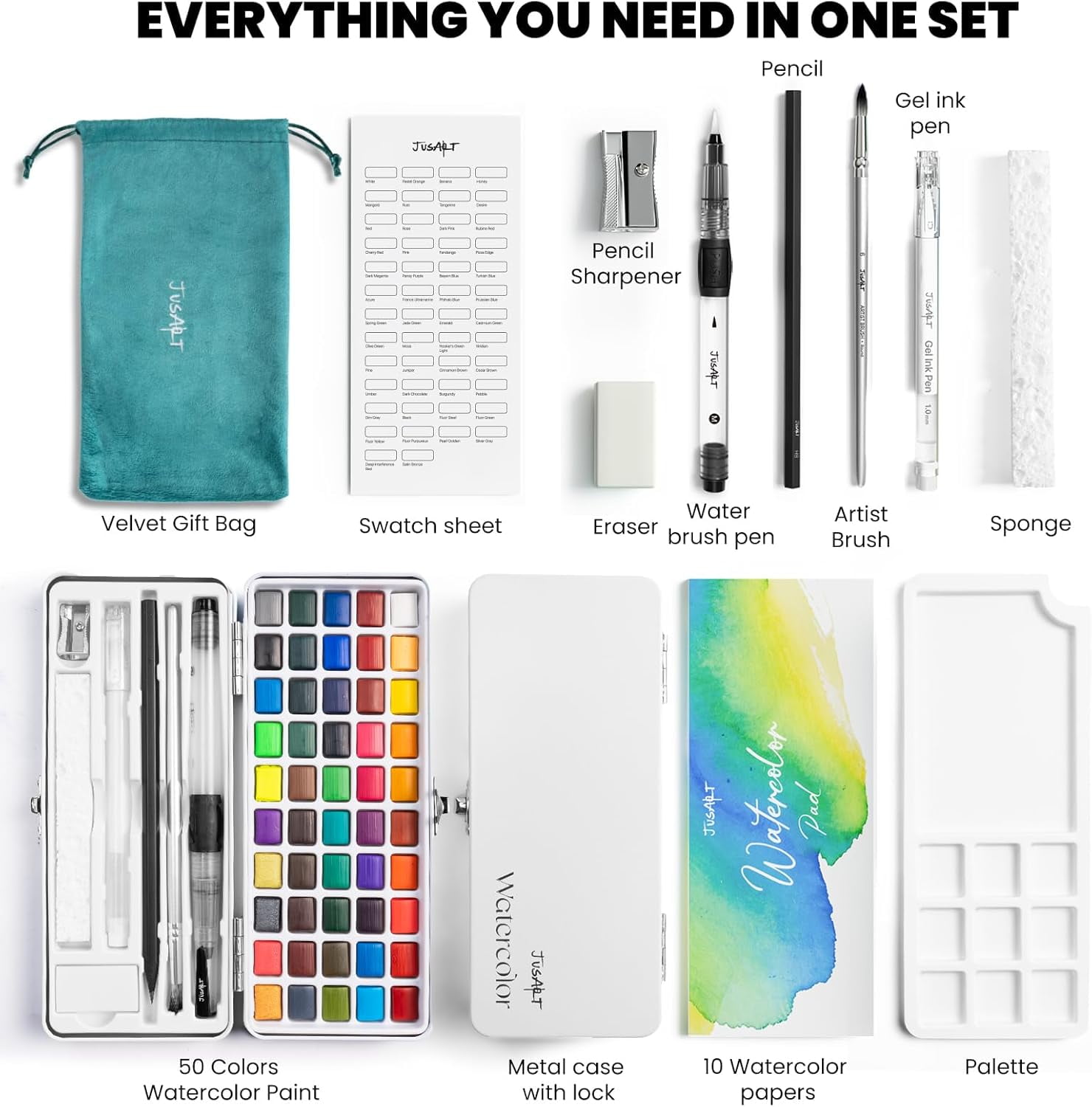 JusArt 50 Colors Watercolor Paint Set,Art Supplies with Metallic Color, Detail Painting Brushes, Water Brush Pens, Portable Travel Painting Kit for Artists, Professionals, Adults