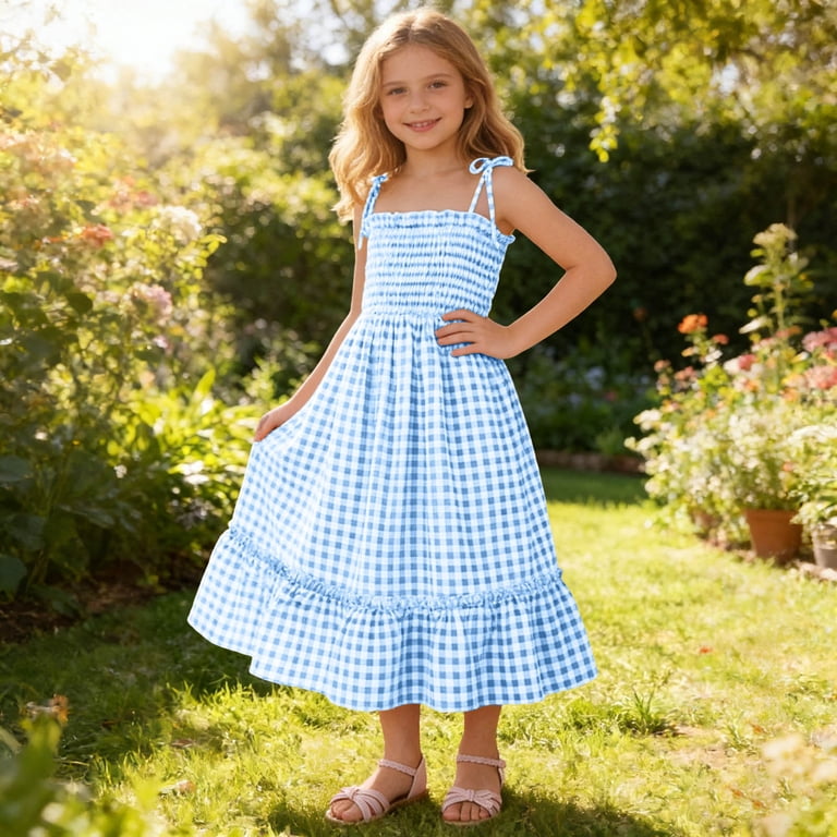blue plaid cami dress Amidoa Girls Plaid Dress Sleeveless Checkered Flowy Cami Strap Dress Casual  Check Sundress for Kids Blue Size 5T