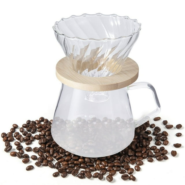 Pour Over Coffee Maker 600ml/20oz featuring a clear borosilicate glass carafe with a bamboo funnel holder and a spiral glass dripper. The set is surrounded by coffee beans, showcasing its use for brewing coffee. The carafe includes measurement markings and a V-shaped spout for precise pouring. Ideal for home or office use.