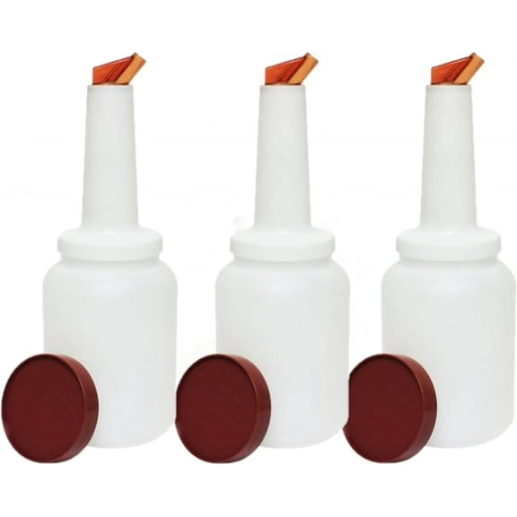 TrueCraftware- Set of 3 Brown 2 qt Pour and Store Fruit Juice and Liquor Pour Bottles- Juice Pouring Bottle Containers Bar Pour Bottles Plastic Juice Pour Bottles Plastic Barware for Bars & Event