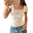 thumbnail image 4 of Short Sleeve Womens Tops Lace Neck Ribbed Cotton Linen Casual Loose Blouse Summer Fashion Sexy Tees, 4 of 9