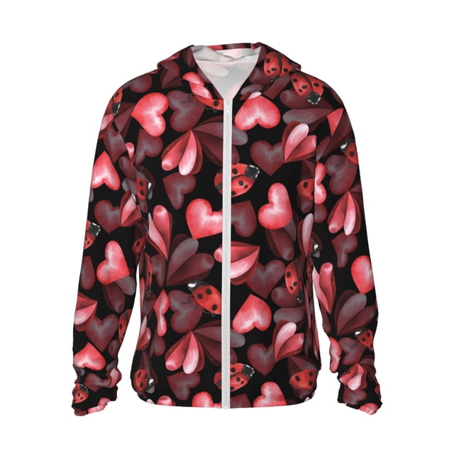 Saiise Chandail à Capuchon de Protection Solaire à Motif de Coccinelles et de Cœurs Rouges pour Hommes et Femmes, Léger, à Séchage Rapide et Coupe-Vent avec Capuchon et Fermeture Éclair - Grand