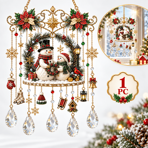 Christmas Snowman Sun Catcher Hanging Decoration, Acrylic Window Ornament with Chain, Colorful Holiday Decor for Window, Door, Wall and Christmas Tree, 20cm Snowman Wish