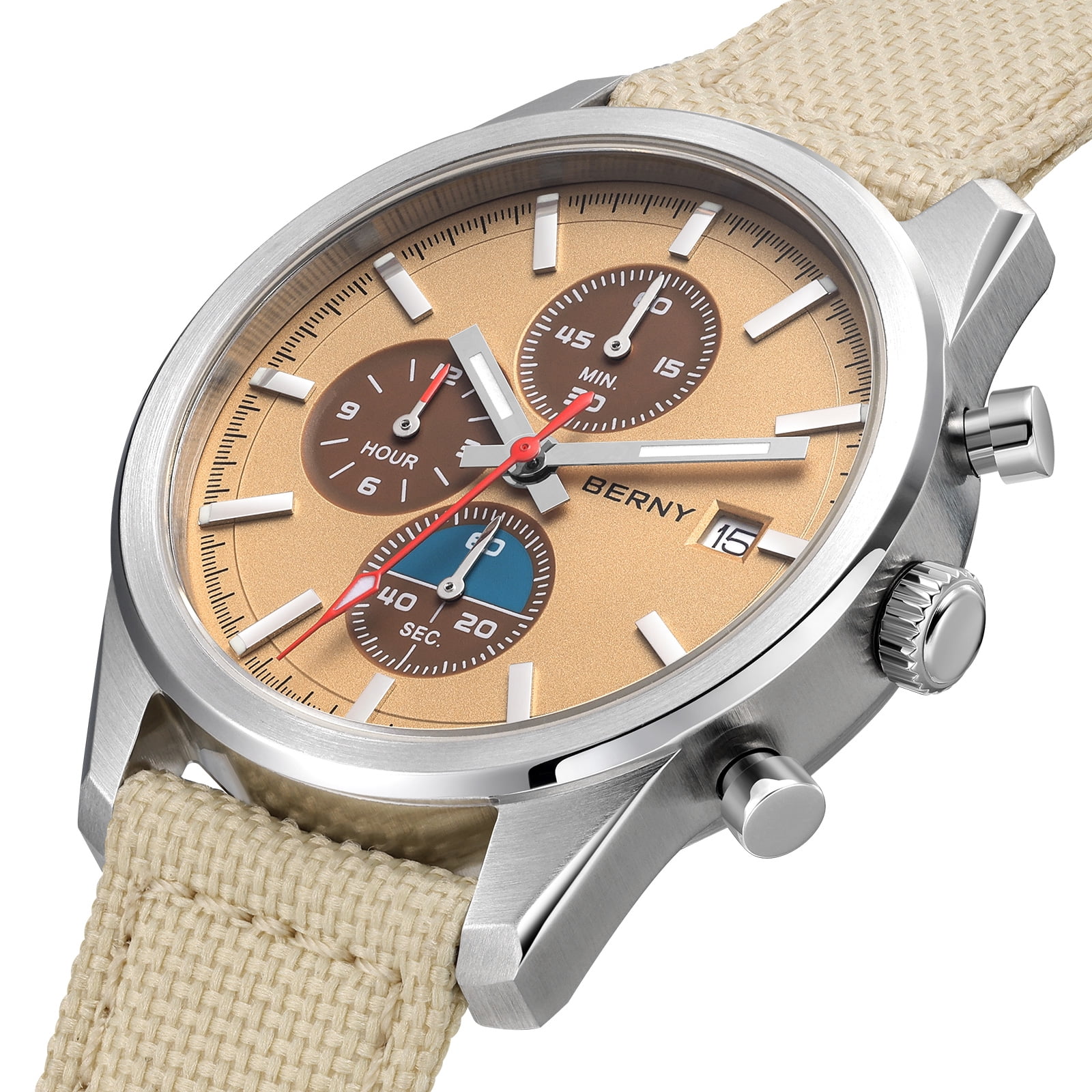 BERNY Mens Watches Analog Quartz Chronograph Watch with Date Canvas Strap Luminous Sapphire Crystal Luxury Fashion Business Casual 50M Waterproof Wrist Watches for Men (Brown)
