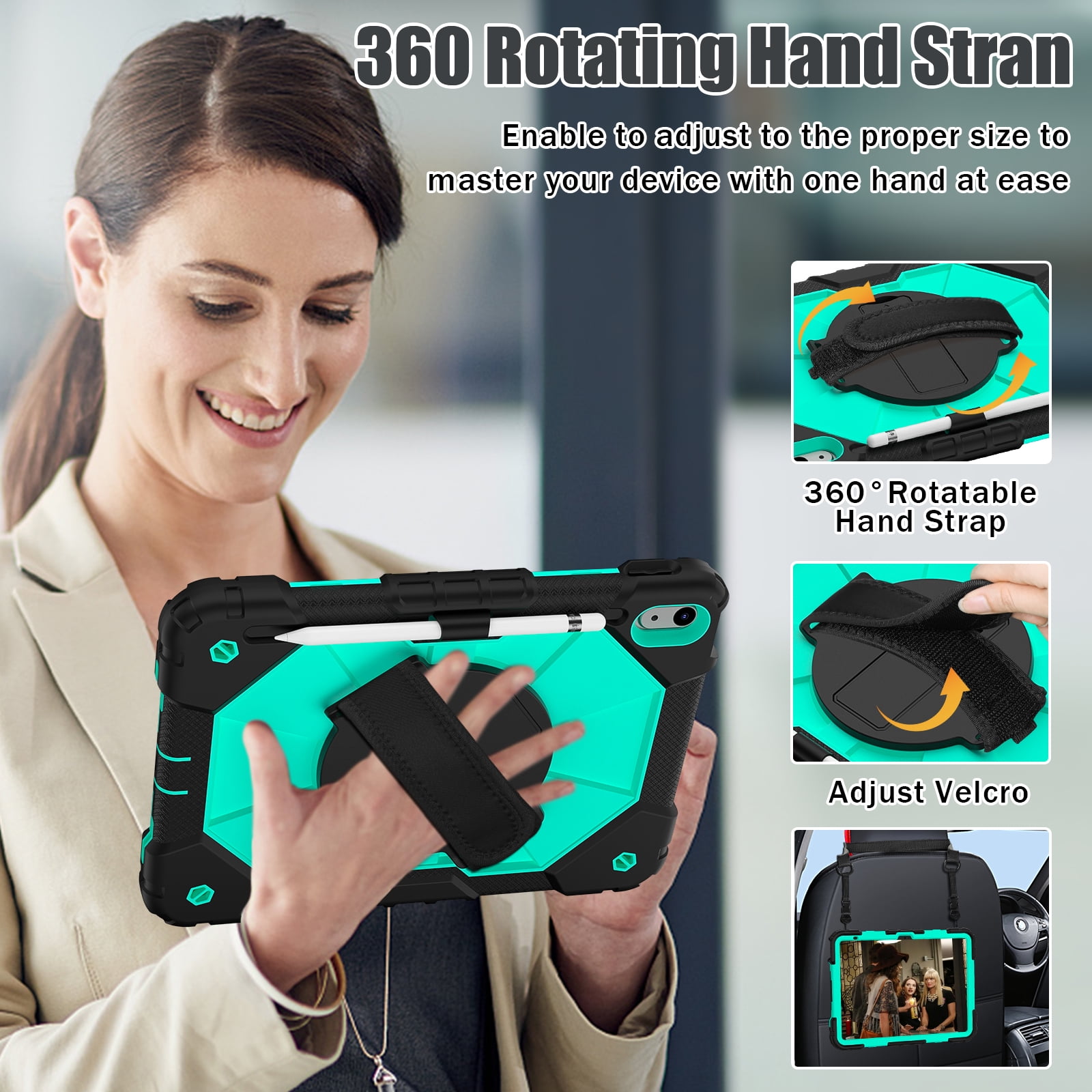 ELEHOLD Rugged Hybrid Case for iPad 11th Gen (A16) 2025 11-inch,with Built-in Kickstand 360° Rotating Handstrap Pencil Holder Crossbody Shoulder Strap Shockproof Heavy Duty Case,Black/Mint