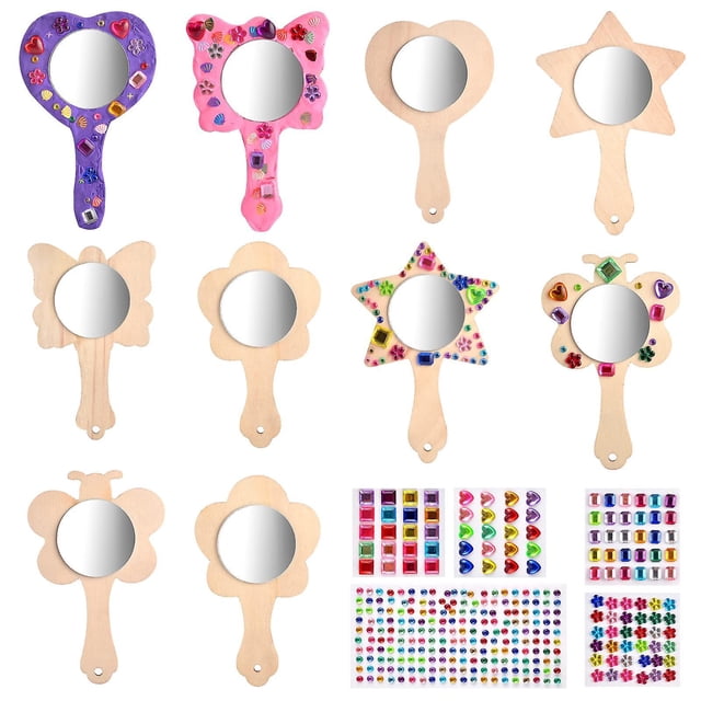 Paquete de 10 manualidades con espejos de madera para niños, mini espejos de princesa de madera, espejo de mano sin terminar