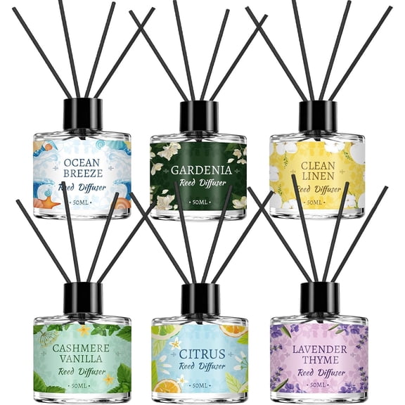 6 Pack Reed Diffuser Sets, Essential Oil Reed Diffusers for Home with 24 Sticks, Long Lasting Scent, Gift Ready Fragrance Diffuser for Bedroom, Bathroom, Office, Home Decor (1.69oz Each)