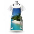 thumbnail image 3 of Ocean Apron, Paradise Island View from Wooden Gazebo Window Palm Tree Sandy Beach Picture, Unisex Kitchen Bib with Adjustable Neck for Cooking Gardening, Adult Size, White Green Blue, by Ambesonne, 3 of 4