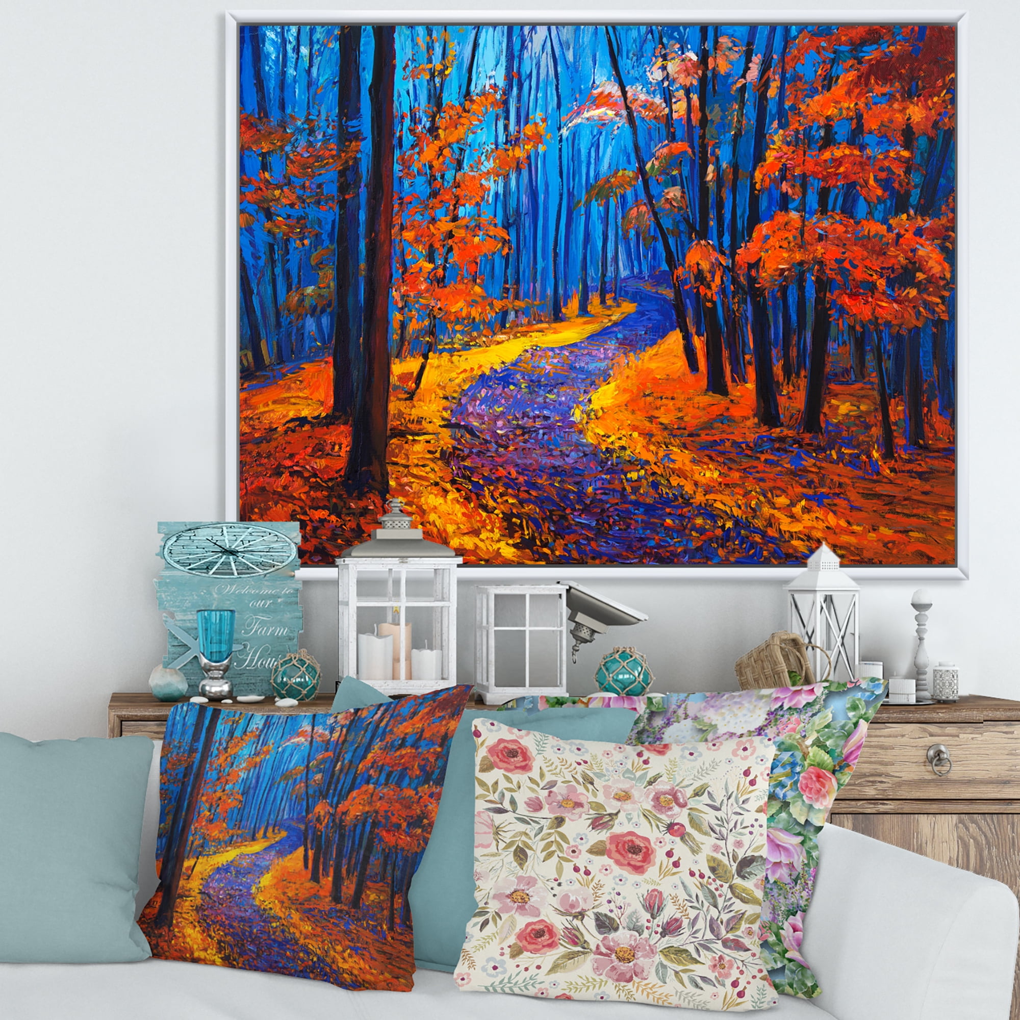 Designart 'Orange Autumn Landscape With Little Road I' Traditional Framed Canvas Wall Art Print