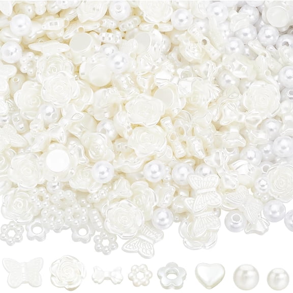 1 Box 440Pcs 8 Styles Assorted White Pearl Beads Heart Pearls Beads Bulk Cute ABS Plastic Beige Roses Butterfly Bow Bead DIY Crafting Bracelets Necklaces Phone Decoration