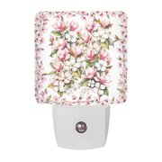 Pink White Magnolia Night Lights, Spring Floral Leaf Botanical Smart Auto Dusk to Dawn Sensor Nightlights Plug-in Nightlight for Bedroom Bathroom Living Room Kitchen Hallway