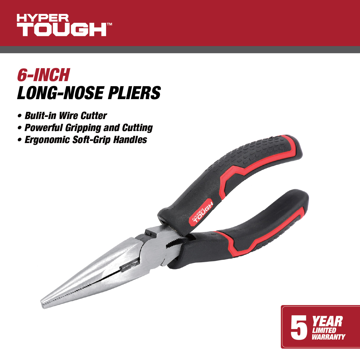 Pinzas de Punta Larga de 6 Pulgadas Hyper Tough con Mangos Ergonómicos de Agarre Suave, Modelo 5365V 2