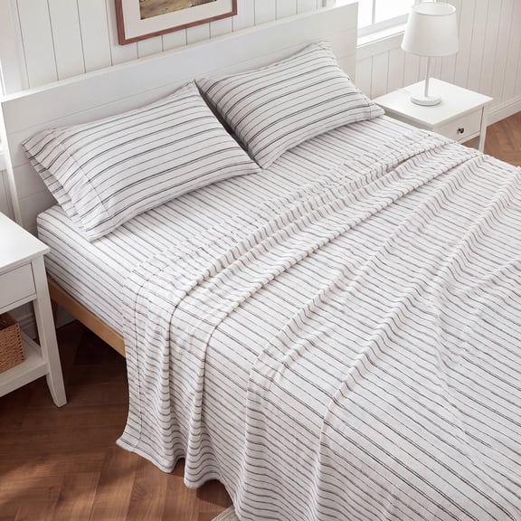 U by Bedsure Striped Queen Sheets Set, 4 Piece 16" Deep Pockets Soft Prewashed Microfiber Jacquard Bed Sheets, Beige