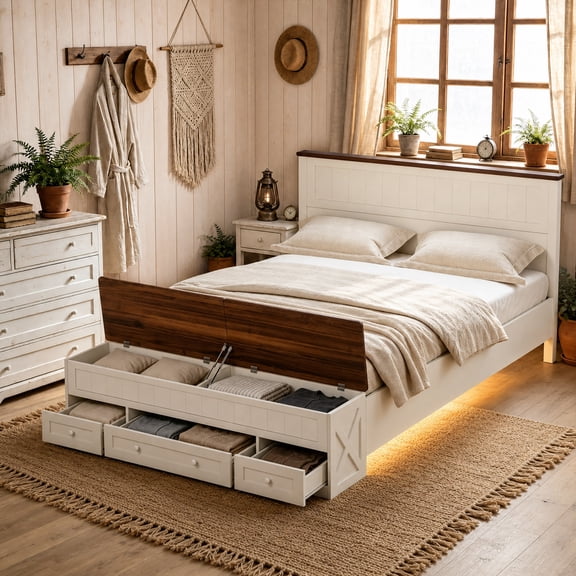 Advwin Farmhouse Queen Size Bed Frame with Headboard, Storage Bench & LED Light Strip, Wooden Platform Bed with 3 Drawers & 2 Flip-Top Compartments, No Box Spring Needed, White Walnut