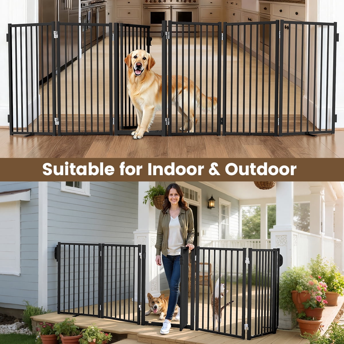 Dog Gate, Domipet 6 Panels Pet Gate Freestanding, 120''Extra Wide Dog Gate 32''Height Pet Playpen for Doorways, Black